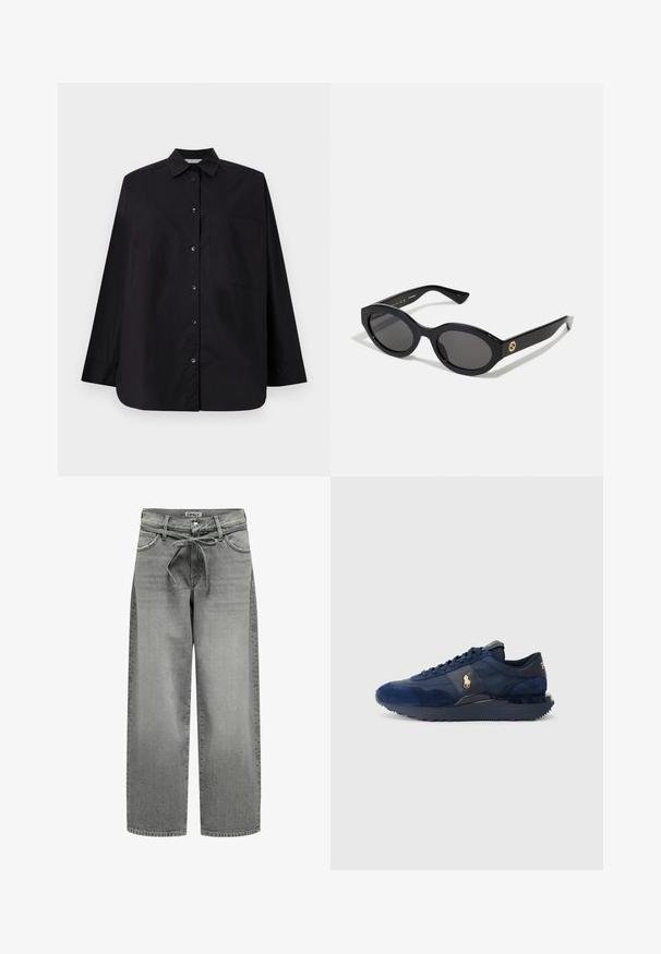 Blazer grigio realizzato in tessuto liscio, presenta un colletto a revers, due bottoni e tasche laterali, con una vestibilità su misura e dettagli di cucitura minimi.; Maglione grigio a collo alto realizzato in morbido tessuto a maglia con polsini e orlo a coste. Presenta una vestibilità rilassata e un colletto strutturato.; Camicia nera a maniche lunghe in tessuto morbido. Presenta un colletto, maniche lunghe, una tasca sul petto e un orlo dritto.; Jeans in denim grigio a gamba larga con vita regolabile e tasche frontali. Il tessuto presenta una leggera texture e una finitura sbiadita.; Scarpe da ginnastica blu marino realizzate in materiali scamosciati e in rete, dotate di suola in gomma, design con lacci e accento di logo dorato.; Occhiali da sole neri a forma ovale con lenti scure e montatura in plastica lucida. Presentano un logo dorato sulla stanghetta, offrendo un design elegante e moderno.; Borsa a tracolla nera realizzata in tessuto, con un logo in rilievo prominente in un design circolare. Texture liscia con dettagli in pelle contrastanti.