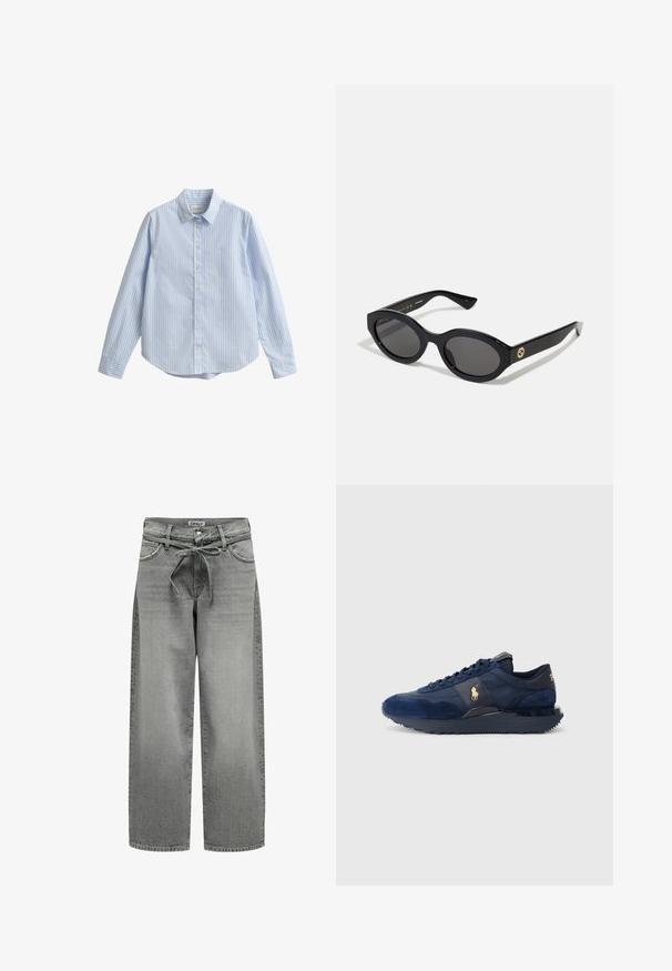 Gray blazer made of smooth fabric features a notch lapel, two buttons, and side pockets with a tailored fit and minimal stitching details.; Grey turtleneck sweater made of soft knit material with ribbed cuffs and hem. Features a relaxed fit and a structured neckline.; Light blue long-sleeve shirt with white vertical stripes, button-up front, spread collar, and a small logo embroidered on the chest.; Wide-leg gray denim jeans with a drawstring waistband and front pockets. The fabric features a slight texture and faded finish.; Navy blue athletic shoes with suede and mesh materials, featuring a rubber sole, lace-up design, and a golden logo accent.; Black oval sunglasses with dark lenses and glossy plastic frame. Features gold logo on the temple, offering a sleek and modern design.; Black tote bag made from fabric, featuring a prominent embossed logo in a circular design. Smooth texture with contrasting leather accents.