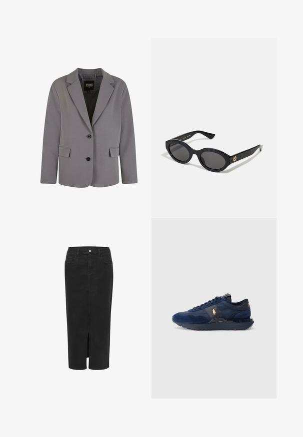 Blazer gris hecho de una tela suave presenta solapa de pico, dos botones y bolsillos laterales con un ajuste entallado y detalles de costura mínimos.; Suéter de cuello alto gris hecho de un material de punto suave con puños y dobladillo acanalados. Presenta un corte relajado y un escote estructurado.; Falda midi de denim negra con abertura frontal, corte recto, cinco bolsillos, cierre de botón y trabillas para cinturón. Textura suave y diseño clásico.; Zapatillas deportivas azul marino con materiales de ante y malla, con suela de goma, diseño de cordones y un acento de logo dorado.; Gafas de sol negras en forma ovalada con lentes oscuros y montura de plástico brillante. Presenta un logo dorado en la patilla, ofreciendo un diseño elegante y moderno.; Bolso tote negro hecho de tela, con un logotipo embellecido destacado en un diseño circular. Textura suave con acentos de cuero en contraste.