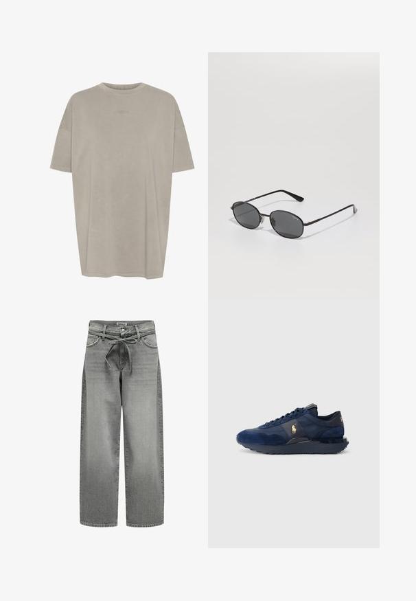 Blazer grigio realizzato in tessuto liscio, presenta un colletto a revers, due bottoni e tasche laterali, con una vestibilità su misura e dettagli di cucitura minimi.; Maglione grigio a collo alto realizzato in morbido tessuto a maglia con polsini e orlo a coste. Presenta una vestibilità rilassata e un colletto strutturato.; T-shirt oversize a maniche corte di colore grigio chiaro, realizzato in tessuto morbido. Presenta un collo rotondo e un logo in rilievo sul petto.; Jeans in denim grigio a gamba larga con vita regolabile e tasche frontali. Il tessuto presenta una leggera texture e una finitura sbiadita.; Scarpe da ginnastica blu marino realizzate in materiali scamosciati e in rete, dotate di suola in gomma, design con lacci e accento di logo dorato.; Occhiali da sole neri a forma ovale con lenti scure, montatura in metallo sottile e tempie dritte. Presentano il logo del marchio sulla parte interna della stanghetta e i cuscinetti per il naso.; Borsa a tracolla nera realizzata in tessuto, con un logo in rilievo prominente in un design circolare. Texture liscia con dettagli in pelle contrastanti.