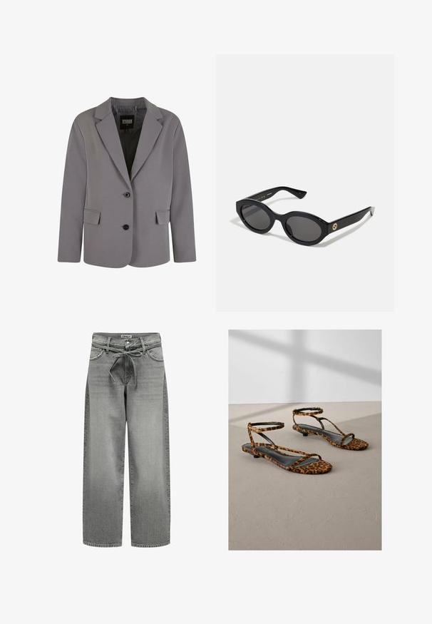 Blazer gris en tissu lisse avec un col en pointe, deux boutons et des poches latérales, doté d'une coupe ajustée et de détails de couture minimalistes.; Pull en col roulé gris en maille douce avec des poignets et un ourlet côtelés. Présente une coupe décontractée et un col structuré.; Jeans en denim gris à jambes larges avec une taille à cordon de serrage et des poches avant. Le tissu présente une légère texture et une finition délavée.; Sandales plates en imprimé léopard avec des semelles en cuir noir, présentant de fines lanières autour de la cheville et un design minimaliste. Tissu doux texturé.; Lunettes de soleil ovales noires avec des verres sombres et une monture en plastique brillant. Présente un logo doré sur la branche, offrant un design épuré et moderne.; Sac fourre-tout noir en tissu, doté d'un logo embouti en design circulaire. Texture lisse avec des accents en cuir contrastés.