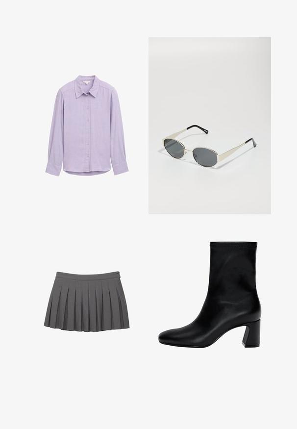 Szary żakiet wykonany z gładkiego materiału, z klapami w kształcie notcha, dwoma guzikami oraz bocznymi kieszeniami, o dopasowanym kroju i minimalnych detalach przeszycia.; Szary sweter dzianinowy z długimi rękawami, okrągłym dekoltem i teksturowanym wzorem. Miękka tkanina o luźnym kroju i prążkowej fakturze.; TOM TAILOR - Bluzka; Szara plisowana mini spódniczka z zapinanym pasem i małym logo po prawej stronie.; Czarny botek na kostkę wykonany z gładkiej skóry. Posiada kwadratowy czubek, elastyczny górny brzeg oraz masywny obcas zapewniający stabilność. Minimalistyczny design.; Okulary przeciwsłoneczne z owalnymi szarymi soczewkami, srebrną metalową oprawą i czarnymi akcentami na zausznikach. Charakteryzują się eleganckim wzornictwem i minimalną ilością ozdób.; Szara torebka o fakturze z miękkim uchwytem, siateczkowymi akcentami, regulowanym paskiem i zapięciem z przodu. Kompaktowy design w zaokrąglonym kształcie.