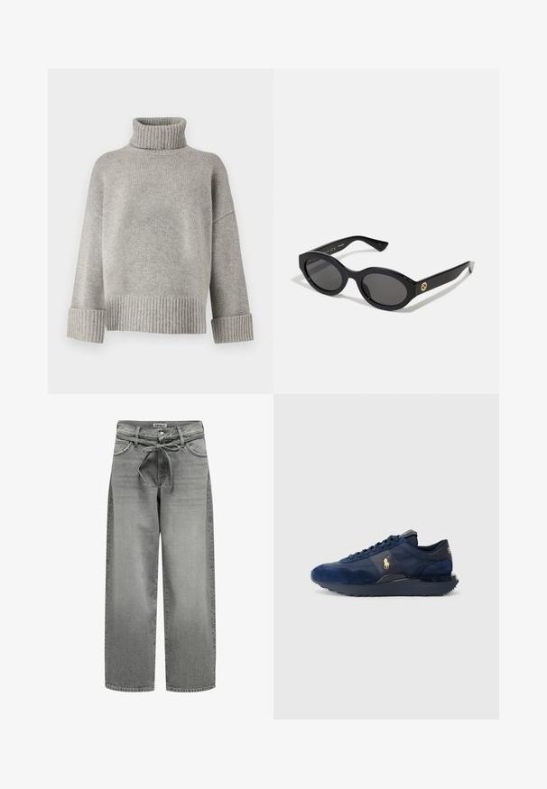 Grauer Blazer aus glattem Stoff mit Reverskragen, zwei Knöpfen und seitlichen Taschen, in taillierter Passform und mit minimalen Nähten.; Grau gestrickter Rollkragenpullover aus weichem Strickmaterial mit gerippten Bündchen und Saum. Verfügt über einen lockeren Schnitt und einen strukturierten Kragen.; Weißes Hemd mit Knopfleiste aus glattem Baumwollmaterial und klassischem Kragen, mit geradem Saum und beigen Knöpfen entlang der Vorderseite.; Weite graue Denim-Jeans mit einem Kordelzugbund und vorderen Taschen. Der Stoff hat eine leichte Textur und einen verblassten Finish.; Marineblaue Sportschuhe aus Wildleder und Mesh-Materialien, mit Gummisohle, Schnürdesign und einem goldenen Logoakzent.; Schwarze ovale Sonnenbrille mit dunklen Gläsern und glänzendem Kunststoffrahmen. Mit goldenem Logo am Bügel, das ein elegantes und modernes Design bietet.; Schwarze Tragetasche aus Stoff, mit einem auffälligen geprägten Logo in einem kreisförmigen Design. Glatte Oberfläche mit kontrastierenden Lederakzenten.