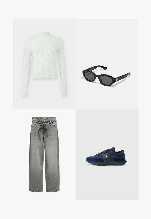 Grijze blazer van gladde stof met een notch lapel, twee knopen en zijzakken, met een getailleerde pasvorm en minimale stikdetails.; Lichtgroene geribbelde lange mouw top met een hoge hals en een klein geborduurd logo op de borst. Casual pasvorm en textiele stof.; Grijze denim jeans met wijde pijpen, een trekkoord in de taille en voorzakken. De stof heeft een lichte textuur en een vervaagde afwerking.; Marineblauwe sportschoenen van suède en mesh, met een rubberen zool, vetersluiting en een gouden logoaccent.; Zwarte ovale zonnebril met donkere glazen en een glanzend kunststof frame. Heeft een gouden logo op de poot, dat een strakke en moderne uitstraling biedt.; Zwarte draagtas van stof, met een opvallend reliëflogo in een cirkelvormig ontwerp. Gladde textuur met contrasterende leren accenten.