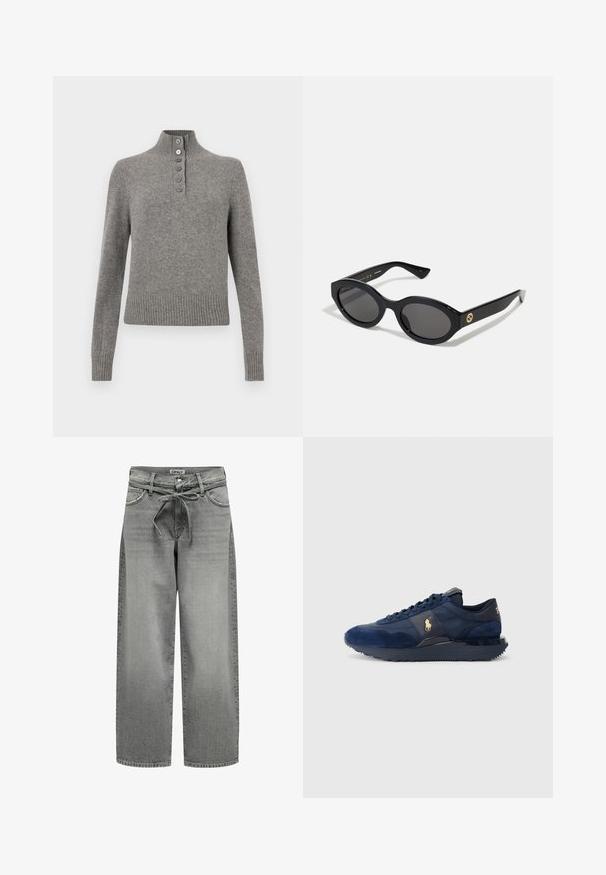 Grå blazer laget av glatt stoff har klappkrage, to knapper og sidelommer med en skreddersydd passform og minimale sømdetaljer.; Grå strikkegenser med høy ribbestrikket krage, med en delvis knappestolpe og ribbestrikket nederkant og ermer for en tettsittende look.; Bredde ben grå denimbukser med snor i livet og frontlommer. Stoffet har en lett struktur og en falmet finish.; Marineblå treningssko med suede- og meshmaterialer, med gummisåle, snøredesign og med et gyllent logo.; Sorte ovale solbriller med mørke linser og blank plastramme. Har gulllogo på stengene, og tilbyr et elegant og moderne design.