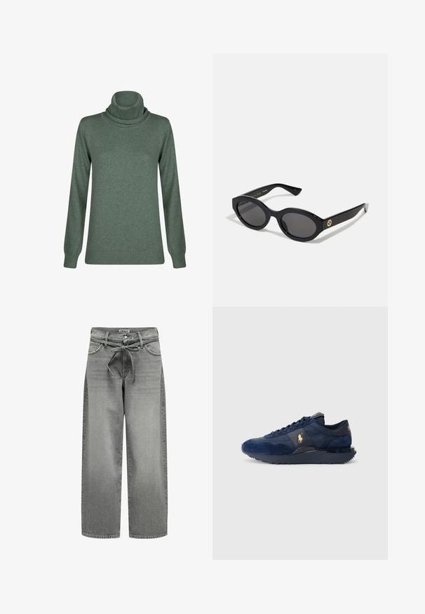 Hall elav sinine bleiser, mis on valmistatud siledast kangast, omab nurgelise krae, kahte nööpi ja küljetaskuid, sobides istuvaks ning sisaldades minimaalset tikkimist.; Roheline kaelus särg, mis on valmistatud pehmest materjalist, omades pikki varrukaid ning soonikkoes ääri ja mansette, kogu pinna sujuva tekstuuriga.; Laiad hallid teksad, millel on kinnitusnööp ja esikotid. Kangas on veidi tekstureeritud ja hallitusseened.; Tumed sinised sportijalatsid, mis on valmistatud samet- ja võrgumaterjalidest, millel on kummist talla, paeltega kinnitussüsteem ja kuldse logo aktsent.; Mustad mustad prillid tumedate läätsedega ja läikiva plastraamiga. Omab kuldset logo põlveosal, pakkudes stiilset ja kaasaegset disaini.