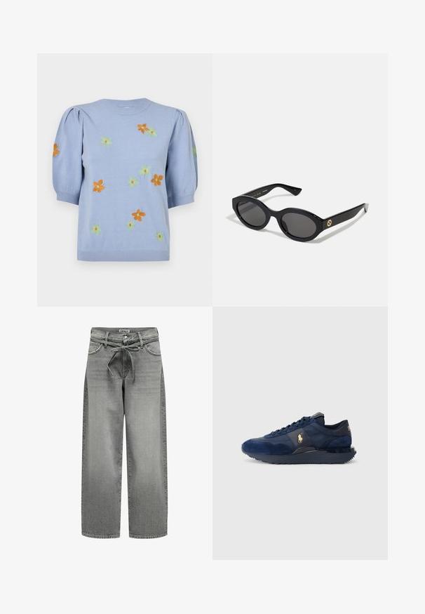 Grauer Blazer aus glattem Stoff mit Reverskragen, zwei Knöpfen und seitlichen Taschen, in taillierter Passform und mit minimalen Nähten.; Helles blaues Strickoberteil mit kurzen Puffärmeln, das mit bunten gestickten Blumen in Orange, Grün und Gelb verziert ist. Rippbündchen am Hals und Saum.; Weite graue Denim-Jeans mit einem Kordelzugbund und vorderen Taschen. Der Stoff hat eine leichte Textur und einen verblassten Finish.; Marineblaue Sportschuhe aus Wildleder und Mesh-Materialien, mit Gummisohle, Schnürdesign und einem goldenen Logoakzent.; Schwarze ovale Sonnenbrille mit dunklen Gläsern und glänzendem Kunststoffrahmen. Mit goldenem Logo am Bügel, das ein elegantes und modernes Design bietet.