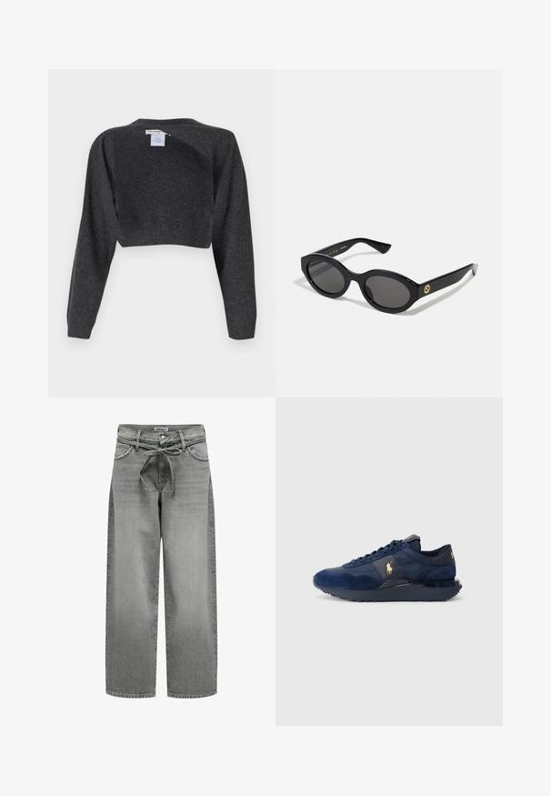 Blazer gris hecho de una tela suave presenta solapa de pico, dos botones y bolsillos laterales con un ajuste entallado y detalles de costura mínimos.; pure cashmere BOLERO TWO-WAY - Jersey de punto - graphite; Vaqueros de mezclilla gris de pierna ancha con una cintura ajustable con cordón y bolsillos delanteros. La tela presenta una ligera textura y un acabado desgastado.; Zapatillas deportivas azul marino con materiales de ante y malla, con suela de goma, diseño de cordones y un acento de logo dorado.; Gafas de sol negras en forma ovalada con lentes oscuros y montura de plástico brillante. Presenta un logo dorado en la patilla, ofreciendo un diseño elegante y moderno.; Bolso tote negro hecho de tela, con un logotipo embellecido destacado en un diseño circular. Textura suave con acentos de cuero en contraste.