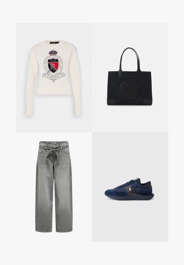 Sivi blejzer od glatkog materijala ima rever oštre linije, dva dugmeta i bočne džepove, uz kroj koji se savršeno prilagođava tijelu i minimalnim detaljima šavova.; Lauren Ralph Lauren Petite RIEDNEE LONG SLEEVE - Vesta - mascarpone cream multi; Bijela košulja s dugim rukavima od glatkog pamuka s klasičnom kragnom, koja ima ravni rub i bež gumbe duž prednje strane.; Široke siva traperice s elastičnim pojasom i prednjim džepovima. Tkanina ima blagu teksturu i izblijedjeli izgled.; Mornarsko plave atletske cipele od suede i mrežastog materijala, s gumenenim đonom, dizajnom na vezivanje i zlatnim logotipom.; Crna torba od tkanine, s istaknutim utisnutim logotipom u kružnom dizajnu. Glatka tekstura s kontrastnim kožnim detaljima.