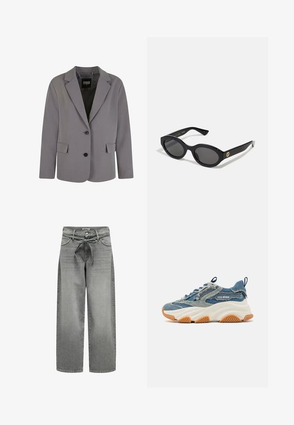 Gray blazer made of smooth fabric features a notch lapel, two buttons, and side pockets with a tailored fit and minimal stitching details.; White button-up shirt made of smooth cotton with a classic collar, featuring a straight hem and beige buttons along the front.; Wide-leg gray denim jeans with a drawstring waistband and front pockets. The fabric features a slight texture and faded finish.; Denim sneaker featuring a layered blue design, frayed accents, a white chunky sole, and a rubber brown outsole for grip.; Black oval sunglasses with dark lenses and glossy plastic frame. Features gold logo on the temple, offering a sleek and modern design.