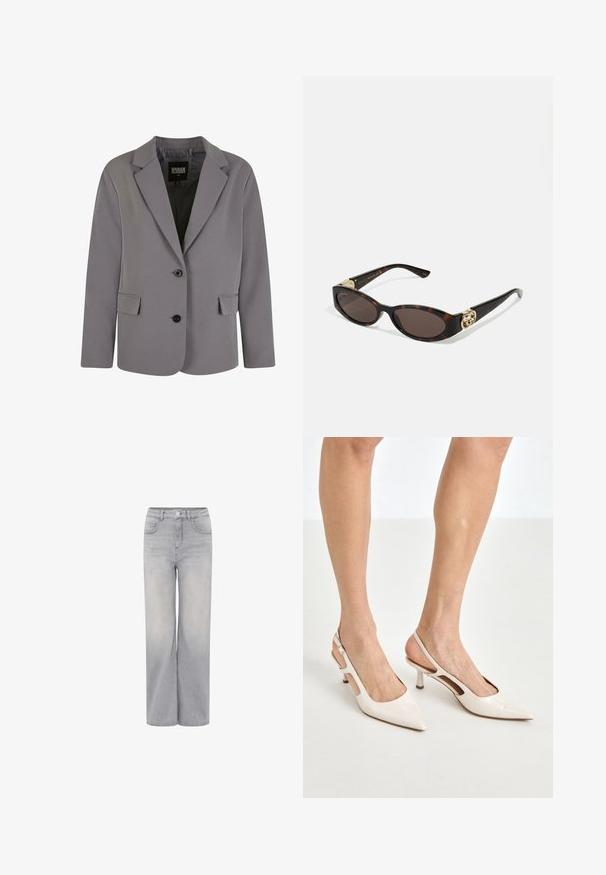 Blazer gris en tissu lisse avec un col en pointe, deux boutons et des poches latérales, doté d'une coupe ajustée et de détails de couture minimalistes.; Chemise blanche à boutons, en coton lisse, avec un col classique, présentant un ourlet droit et des boutons beiges le long du devant.; Jean large gris clair en denim, avec une taille haute, deux poches avant et une fermeture à bouton. Texture lisse avec une finition délavée.; Escarpins à talon slingback en cuir verni beige avec un bout pointu et un talon de 5 cm, présentant des côtés découpés et une fine bride à la cheville.; Lunettes de soleil en écaille, avec des verres ovales allongés, teinte marron, accents de logo doré sur les branches et montures noires élégantes.; Sac fourre-tout noir en tissu, doté d'un logo embouti en design circulaire. Texture lisse avec des accents en cuir contrastés.