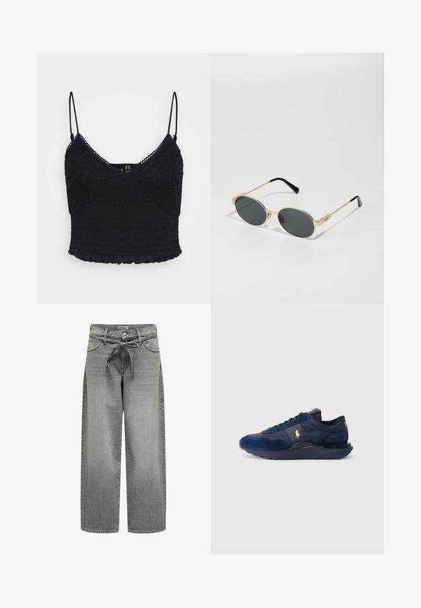 Sivý blejzer vyrobený z hladkej tkaniny má klopový golier, dva gombíky a bočné vrecká s priliehavým strihom a minimálnymi švovými detailmi.; Čierny čipkovaný top s nastaviteľnými tenkými popruhmi, s textúrovanými vzormi a volánovým lemom. Polopriesvitná látka s priliehavým strihom.; Široké šedé deninové džínsy s pásom na šnúrku a prednými vreckami. Tkanina má miernu textúru a vybledlý vzhľad.; Námornícke modré športové topánky z nubukovej a sieťovinovej látky, so gumovou podrážkou, šnurovacími detailmi a zlatým logom.; Zlaté kovové slnečné okuliare s oválnymi šošovkami a tmavými tónovanými sklami. Čierne acetátové konce na ramenách. Názov značky "QUAY" na boku.