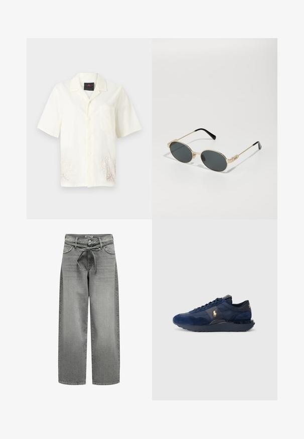 Gray blazer made of smooth fabric features a notch lapel, two buttons, and side pockets with a tailored fit and minimal stitching details.; Short-sleeve, button-up shirt in cream fabric with a chest pocket and light embroidered floral designs near the hem. Soft texture.; Black long-sleeve top featuring a square neckline, fitted silhouette, and side slits at the hem. Made from a smooth, stretchy fabric.; Wide-leg gray denim jeans with a drawstring waistband and front pockets. The fabric features a slight texture and faded finish.; Navy blue athletic shoes with suede and mesh materials, featuring a rubber sole, lace-up design, and a golden logo accent.; Gold metal sunglasses with oval lenses and dark tinted lenses. Black acetate tips on the arms. Brand name "QUAY" on the side.