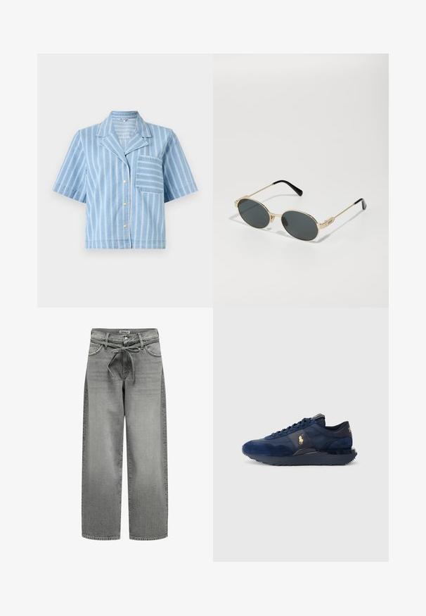 Gray blazer made of smooth fabric features a notch lapel, two buttons, and side pockets with a tailored fit and minimal stitching details.; Blue striped short-sleeve shirt with a collared neck, button front closure, and a chest pocket. Made of lightweight denim fabric.; Black long-sleeve top featuring a square neckline, fitted silhouette, and side slits at the hem. Made from a smooth, stretchy fabric.; Wide-leg gray denim jeans with a drawstring waistband and front pockets. The fabric features a slight texture and faded finish.; Navy blue athletic shoes with suede and mesh materials, featuring a rubber sole, lace-up design, and a golden logo accent.; Gold metal sunglasses with oval lenses and dark tinted lenses. Black acetate tips on the arms. Brand name "QUAY" on the side.