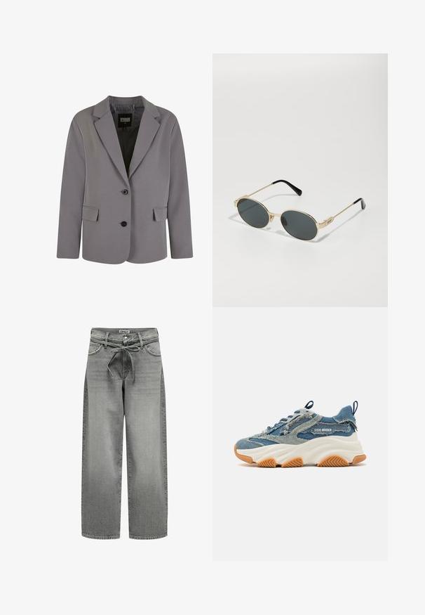 Gray blazer made of smooth fabric features a notch lapel, two buttons, and side pockets with a tailored fit and minimal stitching details.; Black long-sleeve top featuring a square neckline, fitted silhouette, and side slits at the hem. Made from a smooth, stretchy fabric.; Wide-leg gray denim jeans with a drawstring waistband and front pockets. The fabric features a slight texture and faded finish.; Denim sneaker featuring a layered blue design, frayed accents, a white chunky sole, and a rubber brown outsole for grip.; Gold metal sunglasses with oval lenses and dark tinted lenses. Black acetate tips on the arms. Brand name "QUAY" on the side.