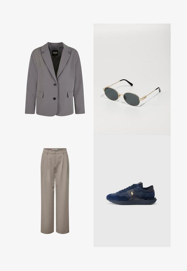 Hall elav sinine bleiser, mis on valmistatud siledast kangast, omab nurgelise krae, kahte nööpi ja küljetaskuid, sobides istuvaks ning sisaldades minimaalset tikkimist.; Mustmust pikkade varrukatega ülimust särk, millel on ruudukujuline kaelus, keha lähedane siluett ja külgedel lõhikud hemmi juures. Valmistatud sujuvast ja venivast kangast.; Heled pruun laiad püksid, mis sisaldavad voltimisi, sujuvat tekstuuri ja puhta vöökohtade disaini. Lihtne ja mitmekülgne erinevate riietuste jaoks.; Tumed sinised sportijalatsid, mis on valmistatud samet- ja võrgumaterjalidest, millel on kummist talla, paeltega kinnitussüsteem ja kuldse logo aktsent.; Kuldmetallilised prillid ovaalsete läätsega ja tumeda tooniga läätsed. Mustad atsetaatkatted käeotsades. Brändi nimi "QUAY" küljes.