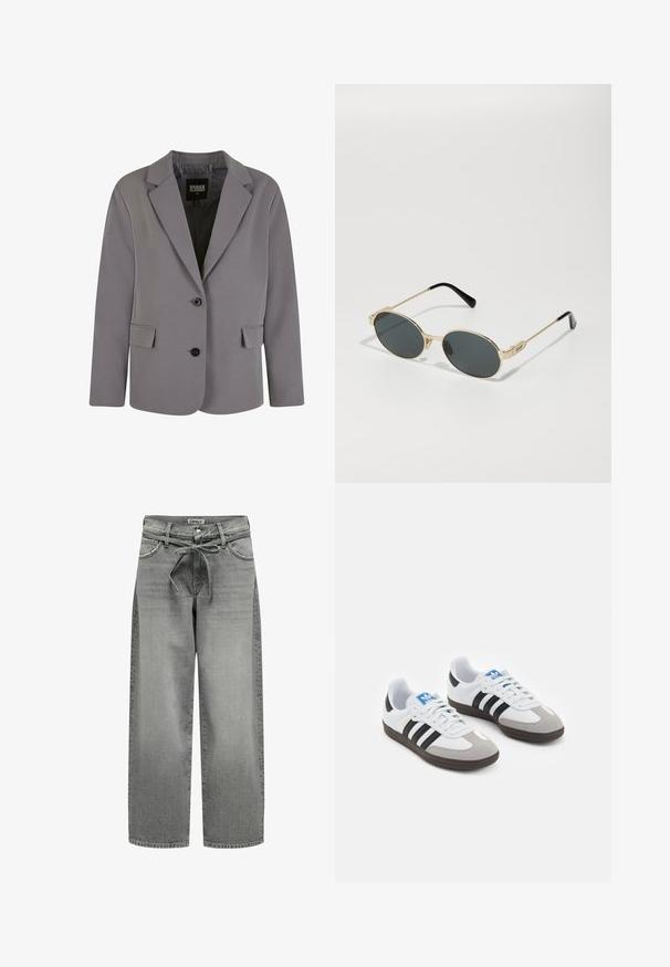 Sivina blazer iz gladkega materiala ima ovratnik v obliki klina, dva gumba in stranska žepa s prilegajočim krojem ter minimalnimi šivi.; Črni dolg rokav majica z kvadratnim izrezom, oprijetim silhueto in stranskimi razporki na robu. Narejena iz gladkega, raztegljivega materiala.; Sive široke delovne jeans hlače z elastičnim pasom in sprednjima žepoma. Tkanina ima rahlo teksturo in blago opaljen videz.; Športni čevlji z belim usnjenim zgornjim delom, sivim semišem na prstih in tremi črnimi črtami. Imajo modro logo na jeziku in teksturiran gumijast podplat.; Zlate sončne očala z ovalnimi lečami in temnimi lečami. Črne acetatne konice na ročajih. Ime blagovne znamke "QUAY" na strani.