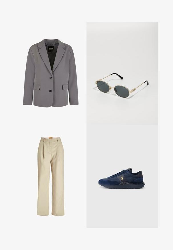 Szürke blézer sima anyagból készült, amelynek részletei közé tartozik a kerekített hajtóka, két gomb és oldalsó zsebek. Illeszkedése testre szabott, és minimális varrási részletekkel rendelkezik.; Fekete, hosszú ujjú felső, négyzet alakú dekoltázzsal, testhezálló fazonnal és oldalsó hasítékokkal az alján. Simító, rugalmas anyagból készült.; Világos bézs színű, bő szárú nadrág könnyű anyagból. Elöl redőkkel, sima derekú derékrésszel és címkével rendelkezik a derekán belül.; Sötétkék sportcipők bőr és hálós anyagból, gumitalppal, fűzős kivitelben, arany logóval.; Arany színű fém napszemüveg ovális lencsékkel és sötét tónusú lencsékkel. Fekete acetát végződések az ágon. "QUAY" márkanevének felirata az oldalán.