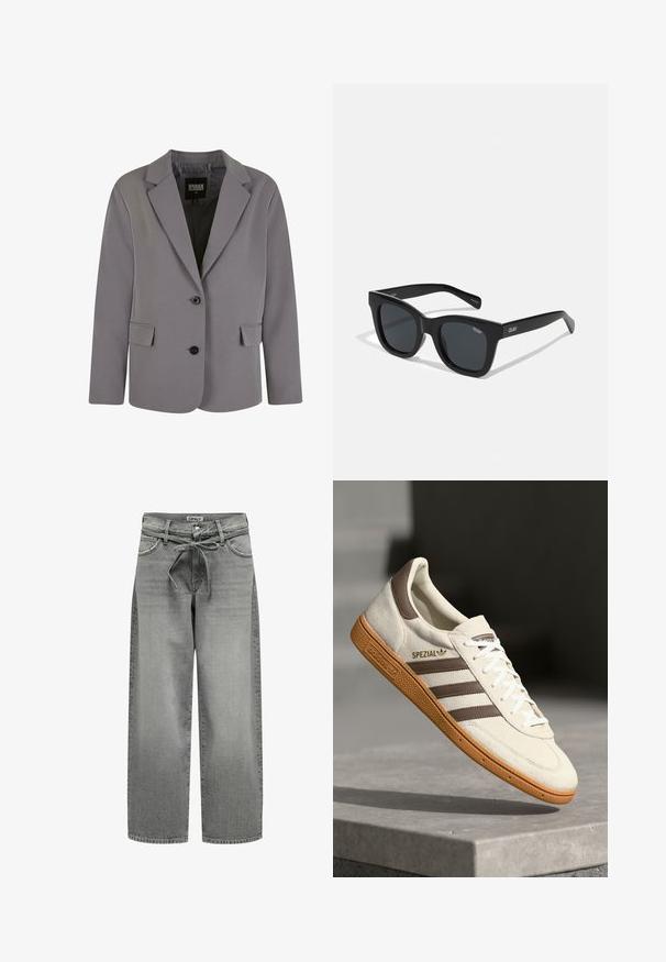 Grijze blazer van gladde stof met een notch lapel, twee knopen en zijzakken, met een getailleerde pasvorm en minimale stikdetails.; Lichtblauw T-shirt met korte mouwen en ronde hals, gemaakt van zachte stof; heeft een slim fit ontwerp en subtiele stikdetails.; Grijze denim jeans met wijde pijpen, een trekkoord in de taille en voorzakken. De stof heeft een lichte textuur en een vervaagde afwerking.; Witte suède sneakers met bruine leren accenten, drie bruine strepen en witte veters. Heeft een gestructureerde gumzool en een gouden "SPEZIAL" logo.; Zwarte rechthoekige zonnebril met een glad plastic frame en donkere lenzen. "QUAY" logo aan de zijkant in het wit. Minimalistisch ontwerp.