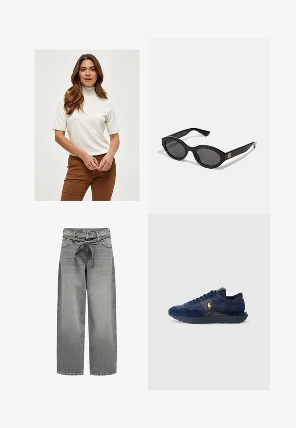 Grauer Blazer aus glattem Stoff mit Reverskragen, zwei Knöpfen und seitlichen Taschen, in taillierter Passform und mit minimalen Nähten.; Weißer kurzärmeliger Rollkragenpullover aus einem weichen Stoff, mit gerippten Details am Kragen und den Ärmeln, kombiniert mit braunen Hosen.; Weißes Hemd mit Knopfleiste aus glattem Baumwollmaterial und klassischem Kragen, mit geradem Saum und beigen Knöpfen entlang der Vorderseite.; Weite graue Denim-Jeans mit einem Kordelzugbund und vorderen Taschen. Der Stoff hat eine leichte Textur und einen verblassten Finish.; Marineblaue Sportschuhe aus Wildleder und Mesh-Materialien, mit Gummisohle, Schnürdesign und einem goldenen Logoakzent.; Schwarze ovale Sonnenbrille mit dunklen Gläsern und glänzendem Kunststoffrahmen. Mit goldenem Logo am Bügel, das ein elegantes und modernes Design bietet.; Schwarze Tragetasche aus Stoff, mit einem auffälligen geprägten Logo in einem kreisförmigen Design. Glatte Oberfläche mit kontrastierenden Lederakzenten.