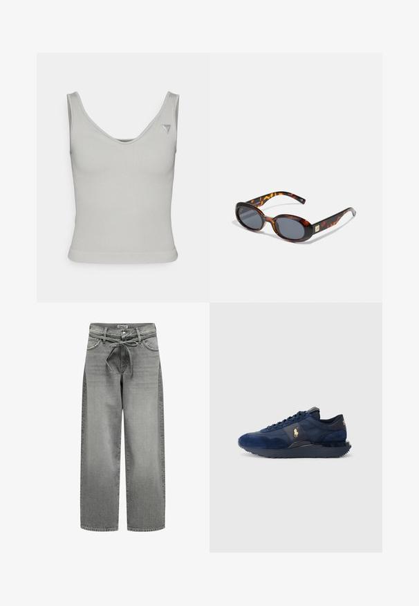 Grå blazer lavet af glat stof, med en notch-lapel, to knapper og sidelommer, der har en skræddersyet pasform og minimalistiske syninger.; Lys grå ribbet tanktop med en rund halsudskæring, tætsiddende facon og smalle stropper; har et lille logo mærke på den øverste højre side.; Bredde grå denim jeans med snøre i taljen og forlommer. Stoffet har en let struktur og en falmet overflade.; Mørkeblå sportsko med ruskind og mesh-materialer, udstyret med gummisål, snørebåndsdesign og en gylden logoaccent.; Brune skildpaddemønstret solbriller med ovale linser og mørkegrå toning. Har en guldfarvet accent på stængerne. Glat plastoverflade.