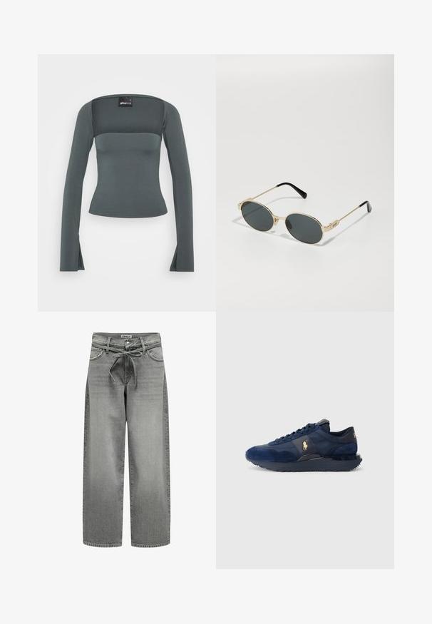 Grå blazer laget av glatt stoff har klappkrage, to knapper og sidelommer med en skreddersydd passform og minimale sømdetaljer.; Grå langermet topp med en tettsittende silhuett og firkantet hals. Laget av mykt stoff, har sideåpninger på ermene for ekstra detaljer.; Bredde ben grå denimbukser med snor i livet og frontlommer. Stoffet har en lett struktur og en falmet finish.; Marineblå treningssko med suede- og meshmaterialer, med gummisåle, snøredesign og med et gyllent logo.; Gullmetall solbriller med ovale linser og mørkt tonede linser. Sorte acetatspidser på armene. Merket "QUAY" på siden.