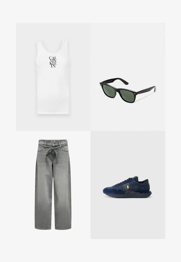 Sivi blejzer od glatkog materijala ima rever oštre linije, dva dugmeta i bočne džepove, uz kroj koji se savršeno prilagođava tijelu i minimalnim detaljima šavova.; Bijela majica bez rukava s okruglim izrezom, izrađena od pamuka. Ima vertikalni crni tekst "CALVINKLEIN" u podebljanom serifnom fontu.; Široke siva traperice s elastičnim pojasom i prednjim džepovima. Tkanina ima blagu teksturu i izblijedjeli izgled.; Mornarsko plave atletske cipele od suede i mrežastog materijala, s gumenenim đonom, dizajnom na vezivanje i zlatnim logotipom.; Crne plastične sunčane naočale s zelenim staklima, kvadratni okviri, srebrni naglasak na obrvi i teksturirane ručke. Naziv brenda naveden na unutrašnjoj strani ručke.