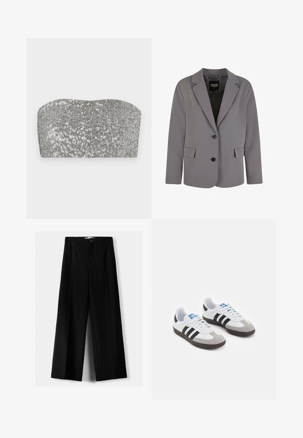 Grauer Blazer aus glattem Stoff mit Reverskragen, zwei Knöpfen und seitlichen Taschen, in taillierter Passform und mit minimalen Nähten.; Silberner Pailletten-Bandeau-Top mit einer geschwungenen Form, glatter Textur und schimmerndem Finish. Verfügt über eine schlichte, trägerlose Silhouette.; Schwarze weite Hosen aus leichtem Stoff, mit einem Knopfverschluss vorne und flachem Bund, mit sorgfältig genähten Säumen.; Sportschuhe mit einem Obermaterial aus weißem Leder, grauer Wildleder-Zehenkappe und drei schwarzen Streifen. Sie verfügen über ein blaues Logo auf der Zunge und eine strukturierte Gummisohle.