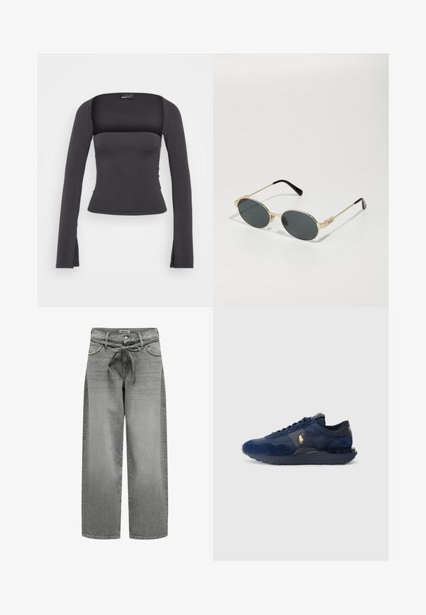 Grauer Blazer aus glattem Stoff mit Reverskragen, zwei Knöpfen und seitlichen Taschen, in taillierter Passform und mit minimalen Nähten.; Schwarzes Langarmoberteil mit quadratischem Ausschnitt, figurbetontem Schnitt und seitlichen Schlitzen am Saum. Hergestellt aus einem glatten, dehnbaren Stoff.; Weite graue Denim-Jeans mit einem Kordelzugbund und vorderen Taschen. Der Stoff hat eine leichte Textur und einen verblassten Finish.; Marineblaue Sportschuhe aus Wildleder und Mesh-Materialien, mit Gummisohle, Schnürdesign und einem goldenen Logoakzent.; Goldfarbene Metallsonnenschutzbrille mit ovalen Gläsern und dunkeltönenden Linsen. Schwarze Acetatspitzen an den Bügeln. Markenname "QUAY" an der Seite.; Schwarze Tragetasche aus Stoff, mit einem auffälligen geprägten Logo in einem kreisförmigen Design. Glatte Oberfläche mit kontrastierenden Lederakzenten.