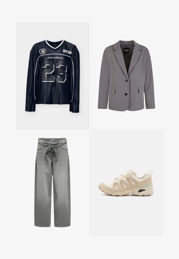 Sivý blejzer vyrobený z hladkej tkaniny má klopový golier, dva gombíky a bočné vrecká s priliehavým strihom a minimálnymi švovými detailmi.; Čierny dlhý rukáv s bielymi akcentmi, s výrazným číslom "23" vpredu, vyrobený z hladkého, ľahkého materiálu.; Široké šedé deninové džínsy s pásom na šnúrku a prednými vreckami. Tkanina má miernu textúru a vybledlý vzhľad.; Beige a krémová športová obuv s textúrovaným sieťovým zvrškom, podporujúcimi prekrytiami a gumovou podrážkou s dezénom pre trakciu.