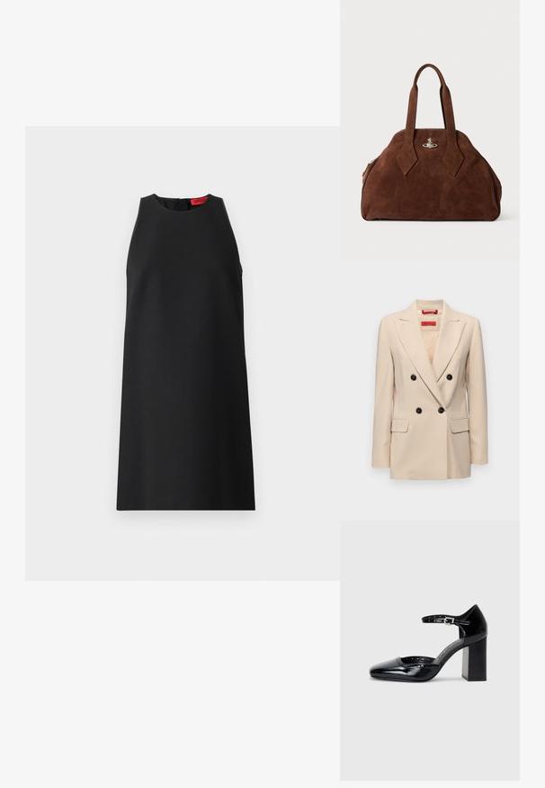 Beige, zweireihiger Blazer mit Reverskragen, schwarzen Knöpfen und zwei vorderen Taschen. Mit tailliertem Design und glatter Textur.; Schwarzes ärmelloses Kleid mit hohem Ausschnitt, glattem Stoff, lockerer Silhouette und einem dezenten roten Etikett auf der Rückseite.; Schwarze patentierte Leder-High Heels mit quadratischer Zehenform, Knöchelriemchen und dicker Absatz. Enthält durchbrochene Details entlang des Randes.; Braune Wildleder-Handtasche mit strukturiertem Design, abgerundeter Form und länglichen, diamantförmigen Griffen. Mit einem silbernen Metallverschluss ausgestattet.