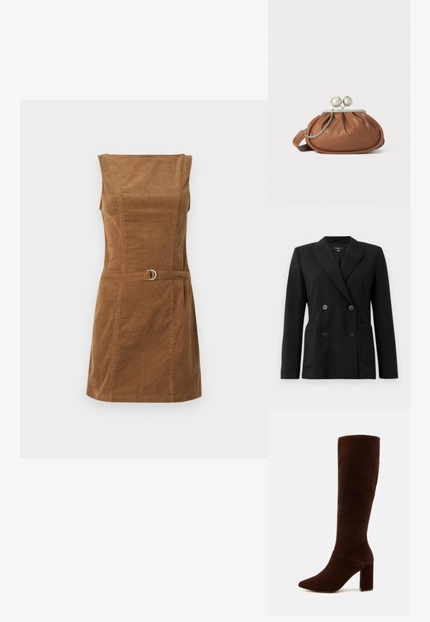 Black double-breasted blazer made of structured fabric, featuring notch lapels, two front pockets, and four black buttons.; Brown corduroy dress with a square neckline, sleeveless design, fitted bodice, and a belt featuring a silver circular hardware detail.; Brown suede knee-high boot with a pointed toe and a chunky square heel. Smooth texture with a fitted shaft and no visible fastenings.; Brown leather clutch purse with silver ball clasp and a small silver chain detail on a white background.