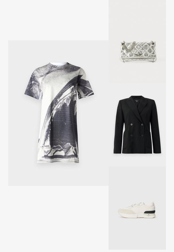 Fekete, kétsoros zakó, amely strukturált anyagból készült, kihajtott gallérral, két elülső zsebbel és négy fekete gombbal rendelkezik.; Grafikus t-shirt, amelyen egy nagy fekete-fehér cápa kép található. Lélegző anyagból készült, rövid ujjú és kerek nyakkal rendelkezik.; Fehér sneaker, amelynek texturált velúr orrkáva van, sima hálós felsőrésze, díszcsipkéje, valamint fekete gumi sarok kiemelése.; Ezüst színű fémes kézitáska lánckarral, steppelt textúrával, díszített varrással és cipzáros záródással. A fonákján domború részletek találhatók.