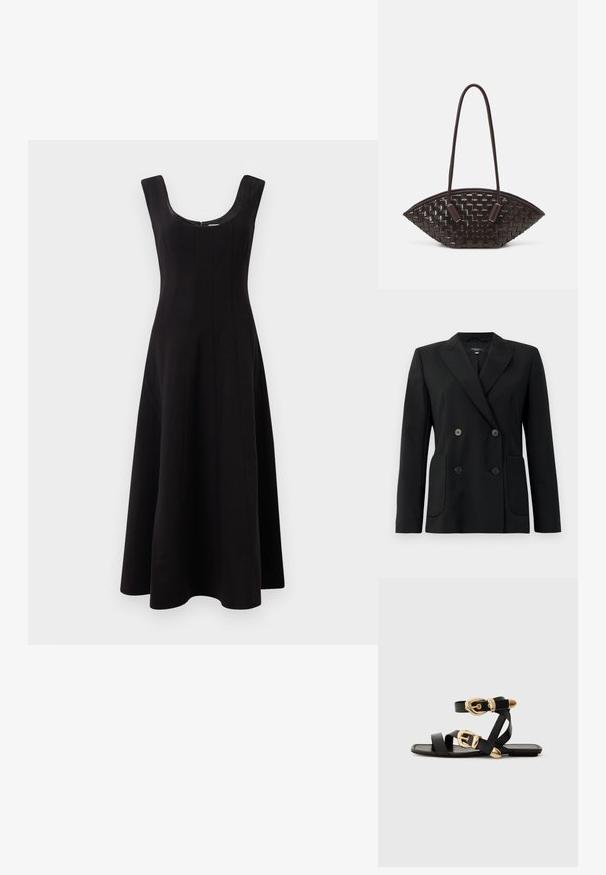 Čierny dvojradový blejzer vyrobený z pevnej látky, s klopami, dvoma prednými vreckami a štyrmi čiernymi gombíkmi.; Čierne šaty s okrúhlym výstrihom, bez rukávov a s rozšíreným áčkovým strihom. Obsahujú vertikálne švy pre dodanie štruktúry.; Čierne kožené sandále so zlatými prackami, s viacerými pásikmi a plochou podrážkou pre otvorené nosenie.; THEMOIRè OLIMPIA - Kabelka - fondant