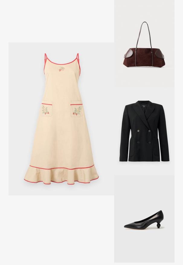 Juodas dvigubas švarkas, pagamintas iš struktūruotos medžiagos, su išpjautomis atlapomis, dviem priekinėmis kišenėmis ir taisyklingais juodais mygtukais.; Šviesiai ruda prijuostė su raudonomis petnešomis ir apvadu. Savybė – dvi priekinės kišenės su braškių siuvinėjimu ir pakraščiu su volanu apačioje.; Juoda odinė aukštakulnė bateliai su smailiu pirštu ir apvaliu, iškiliu kulnu. Lygus paviršius su elegantišku, minimalistiniu dizainu.; Rudas zomšos maišas su odiniais akcentais, struktūrinė forma, dvi pečių rankenos ir apskriti kampai, pasižymintis lygiu paviršiumi ir minimaliais aksesuarais.