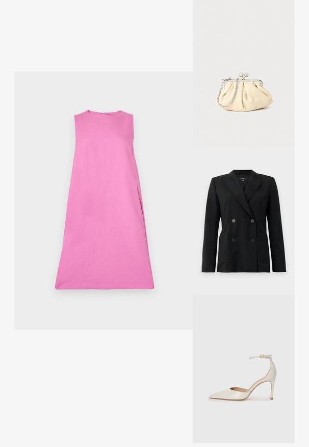 Juodas dvigubas švarkas, pagamintas iš struktūruotos medžiagos, su išpjautomis atlapomis, dviem priekinėmis kišenėmis ir taisyklingais juodais mygtukais.; WEEKEND MaxMara RACER - Kasdienė suknelė - pink; Balti odiniai aukštakulniai batai su smailiu priekiniu galu, kulkšnies dirželiu ir siauru stiletu. Lygi tekstūra su subtiliu blizgiu paviršiumi.; Plyšiniai smėlio spalvos odiniai rankinukai su sidabriniu metaliniu rėmu, turintys du apvalius dekoratyvinius užtrauktukus ir sidabrinę grandinėlę.