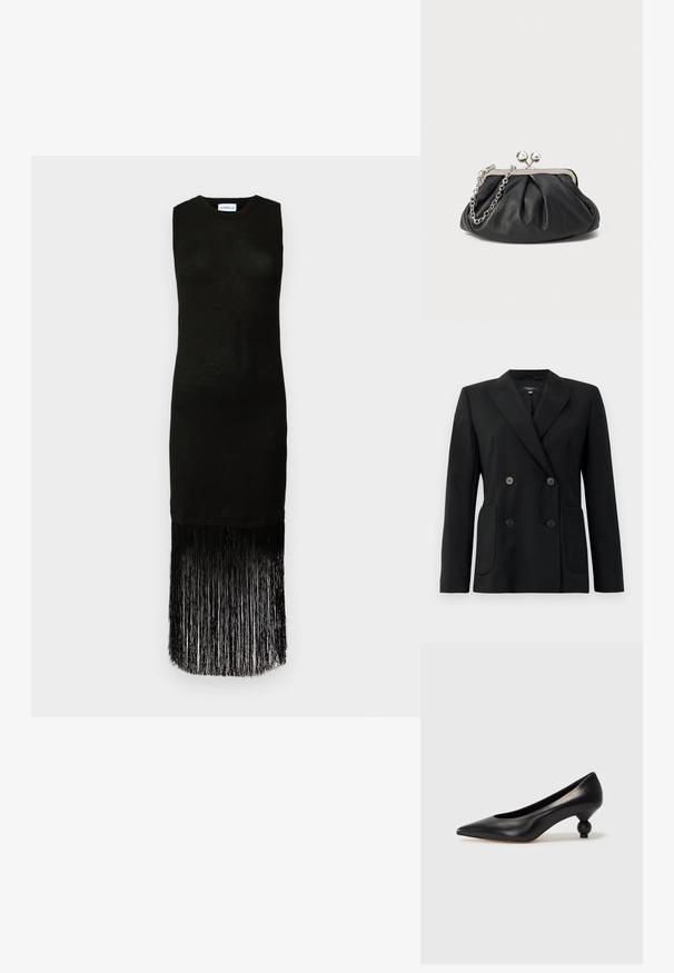 Čierny dvojradový blejzer vyrobený z pevnej látky, s klopami, dvoma prednými vreckami a štyrmi čiernymi gombíkmi.; Čierne šatôčky bez rukávov s priliehavým živôtikom a strapcovým lemom vyrobeným z dlhých, textúrovaných pramienkov. Jednoduchý okrúhly výstrih, minimálny dizajn.; Čierna kožená vysoká topánka na podpätku s ostrým špičkou a okrúhlym, guľatým podpätkom. Hladký povrch s moderným, minimalistickým dizajnom.; Čierna kožená kabelka s vrúbkovou textúrou, strieborným kovovým rámom, uzáverom na pobozkanie a retiazkou na nosenie. Hladký, jemný povrch.