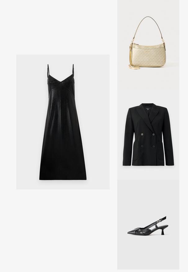Blazer preto de dupla face feito de tecido estruturado, apresentando lapelas com corte em notch, dois bolsos frontais e quatro botões pretos.; Vestido preto sem mangas com ligeiro brilho, decote em V e design minimalista. Feito de um tecido liso e texturizado, caindo de forma solta.; Sapato slingback em couro preto com biqueira fina, tiras decorativas com ilhós de metal e um pequeno salto quadrado. Superfície texturizada.; Mala com textura dourada, equipada com uma alça de couro suave, apresentando um fecho zip e um padrão de logotipo discreto impresso na superfície.