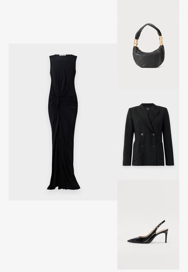Blazer preto de dupla face feito de tecido estruturado, apresentando lapelas com corte em notch, dois bolsos frontais e quatro botões pretos.; Vestido preto sem mangas feito de um tecido suave, com um detalhe torcido na cintura e um design até ao chão. Decote redondo simples.; Sandal com salto em verniz preto, bico fino, salto esguio e um design de recorte subtil. Apresenta uma fivela dourada na alça.; Mala de mão em couro preto com forma redonda, textura suave e alça com nó, apresentando detalhes em metal dourado. Fecho em zíper.