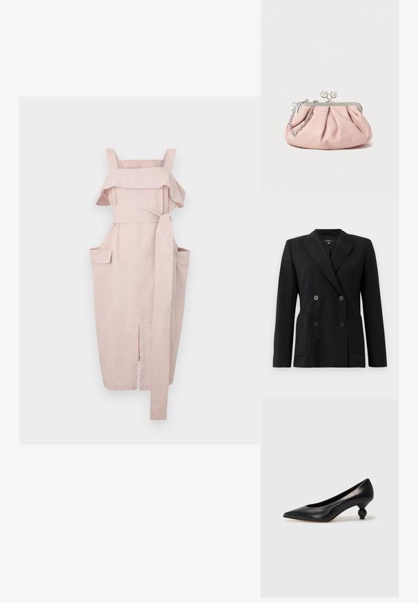 Czarna podwójnie zapinana marynarka z wytrzymałego materiału, z klapami w kształcie klina, dwiema przednimi kieszeniami i czterema czarnymi guzikami.; Jasnoróżowa sukienka z falbaniastym dekoltem, szerokimi ramiączkami, wiązaniem w talii i dwiema bocznymi kieszeniami. Posiada prosty krój i rozcięcie na hemie.; Czarna skórzana szpilka z ostrym czubkiem i okrągłym, kulistym obcasem. Gładka tekstura z eleganckim, minimalistycznym wzornictwem.; Różowa skórzana kopertówka z zebranym wzorem, metalową ramą, dwoma okrągłymi zapięciami oraz srebrnym łańcuszkiem. Gładka tekstura, kompaktowy kształt.