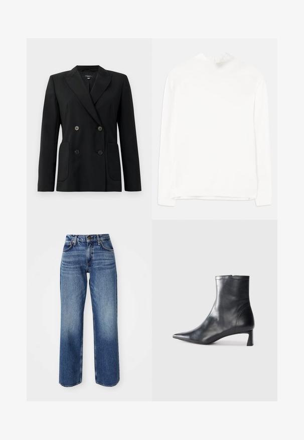 Zwarte dubbelgebreide blazer van gestructureerde stof, met notch revers, twee voord pockets en vier zwarte knopen.; Witte lange mouw top met een hoge halslijn, geribbelde textuur en een rechte pasvorm. De stof lijkt zacht en glad zonder zichtbare patronen.; Lichtblauwe jeans met een relaxte pasvorm, voorzien van een hoge taille, rechte pijpen en subtiele vervaging. Gemaakt van denim met zichtbare stiksels en hardware.; Zwarte leren enkellaars met een spitse neus en een slank ontwerp. Heeft een lage hak en een ritssluiting aan de achterkant. Gladde textuur.