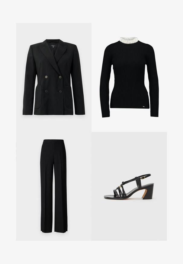 Black double-breasted blazer made of structured fabric, featuring notch lapels, two front pockets, and four black buttons.; Black ribbed long-sleeve top with a white ruffled collar detail, featuring a fitted shape and soft texture. Subtle logo at the hem.; Black wide-leg trousers with a smooth texture, featuring a high waistband and center pleats. No visible patterns or hardware details.; Paul Smith AMIRA - Classic heels - black