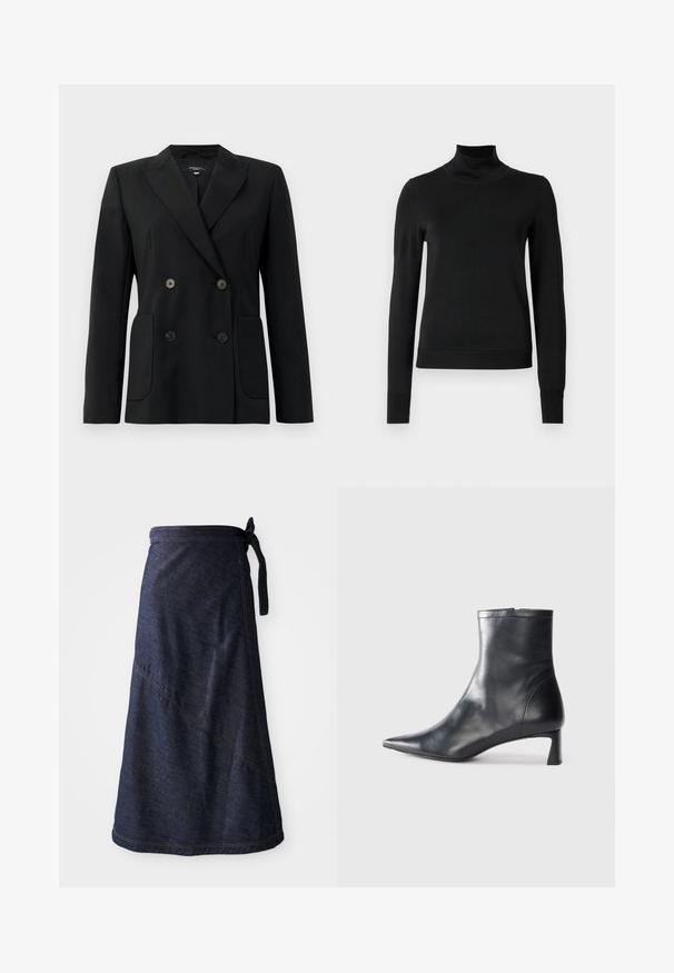 Blazer negru cu două rânduri de nasturi, realizat dintr-un material structurat, având rever cu decupaj, două buzunare frontale și patru nasturi negri.; Pulover negru cu mânecă lungă și guler tip colier, cu manșete și tiv cu elastic, expus pe un fundal alb simplu.; Fustă din denim albastru închis, cu o croială tip wrap și talie legată, având cusături diagonale și o textură netedă. Lungimea se extinde până just sub genunchi.; Cizmă de gleznă din piele neagră cu vârf ascuțit și un design elegant. Dispune de un toc mic și de o închidere cu fermoar la spate. Textură netedă.