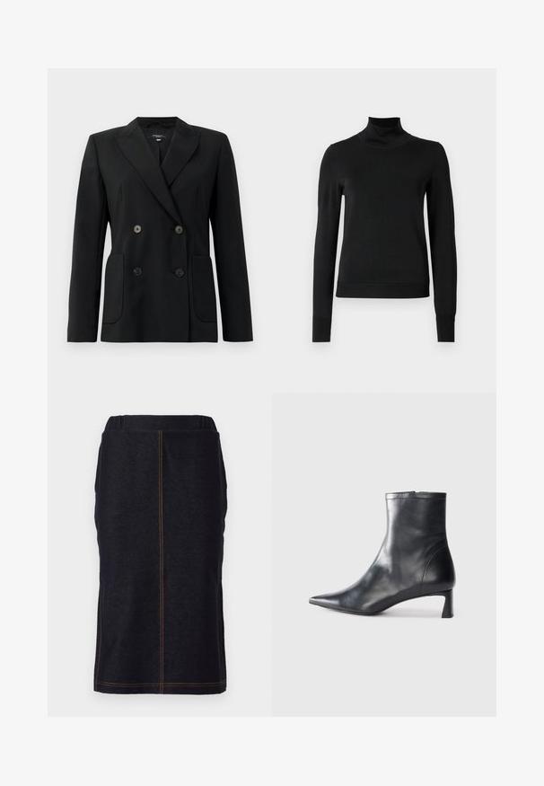 Mustvalge topeltkinnitatud bleiser, mis on valmistatud jäigast kangast, millel on kraed, kaks esist pocketit ja neli musta nööpi.; Mustmusterta mustaga pikkade varrukatega kõrge kaelusega sviiter, millel on ribakudumisega mansetid ja äär, esitatud lihtsal valgel taustal.; Tumesinine teksaskirt, sirge lõike ja külgniitidega, kontrastsete oranžide õmblustega. Mugavuse tagamiseks elastne vöökoht.; Mustad mustall nahkasaabas terava nina ja stiilse disainiga. Omab madalat konts ja luku sulgemist taga. Sile tekstuur.