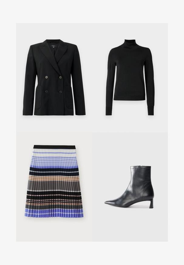 Black double-breasted blazer made of structured fabric, featuring notch lapels, two front pockets, and four black buttons.; Black long-sleeve turtleneck sweater with ribbed cuffs and hem, displayed on a plain white background.; MUNTHE MARMING - A-line skirt - multi-coloured; Black leather ankle boot with a pointed toe and a sleek design. Features a low heel and a zipper closure at the back. Smooth texture.