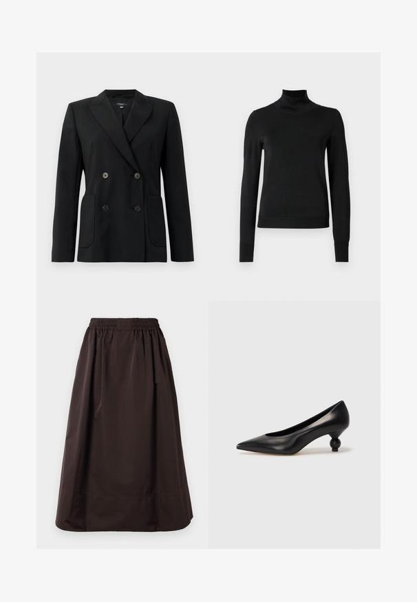 Zwarte dubbelgebreide blazer van gestructureerde stof, met notch revers, twee voord pockets en vier zwarte knopen.; Zwarte trui met lange mouwen en col, voorzien van geribde manchetten en zoom, weergegeven op een effen witte achtergrond.; Bruine midi-lengte rok met elastische tailleband en brede zoomdetail, gemaakt van een gladde stof met subtiele plooien onder de taille.; Zwarte leren hoge hak schoen met een spitse neus en een ronde, bolle hak. Gladde textuur met een elegant, minimalistisch ontwerp.