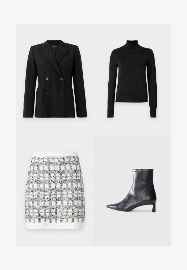 Black double-breasted blazer made of structured fabric, featuring notch lapels, two front pockets, and four black buttons.; Black long-sleeve turtleneck sweater with ribbed cuffs and hem, displayed on a plain white background.; Knit skirt in black and white with a square pattern, featuring a ribbed waistband and textured surface. Above-the-knee length.; Black leather ankle boot with a pointed toe and a sleek design. Features a low heel and a zipper closure at the back. Smooth texture.