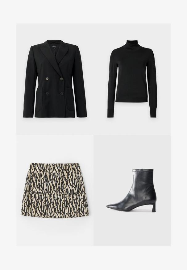 Črn dvoredni blazer iz strukturirane tkanine, z ovratnikom tipa notch, dvema sprednjima žepoma in štirimi črnimi gumbi.; Črni pulover s dolgimi rokavi in vratnikom, z rebrastimi манжетами in robom, prikazan na enobarvni beli podlagi.; Kratka krila z črno-bež abstraktnim vzorcem, ki ima dva sprednja žepa, obrobe pa so obšite s črnim šivom. Iz mešanice bombaža.; Črne usnjene gležnjarje s šiljastim nosom in elegantnim dizajnom. Imajo nizko peto in zadrgo na zadnji strani. Gladka tekstura.