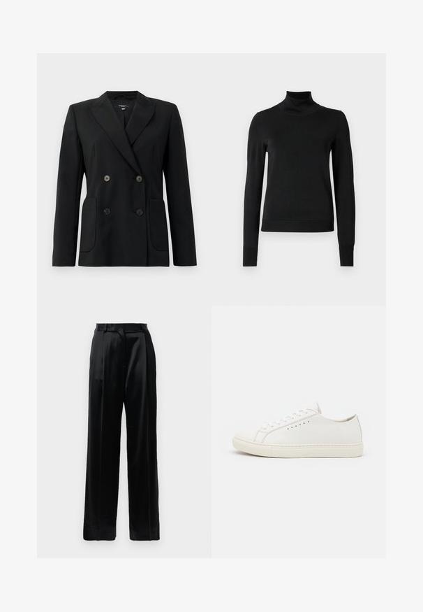 Black double-breasted blazer made of structured fabric, featuring notch lapels, two front pockets, and four black buttons.; Black long-sleeve turtleneck sweater with ribbed cuffs and hem, displayed on a plain white background.; Black high-waist satin trousers with straight wide legs, belt loops, and a flat front closure against a plain white background.; White leather sneakers with a smooth texture, round toe, minimal eyelets, and a flat rubber sole. Simple design with no additional accents.