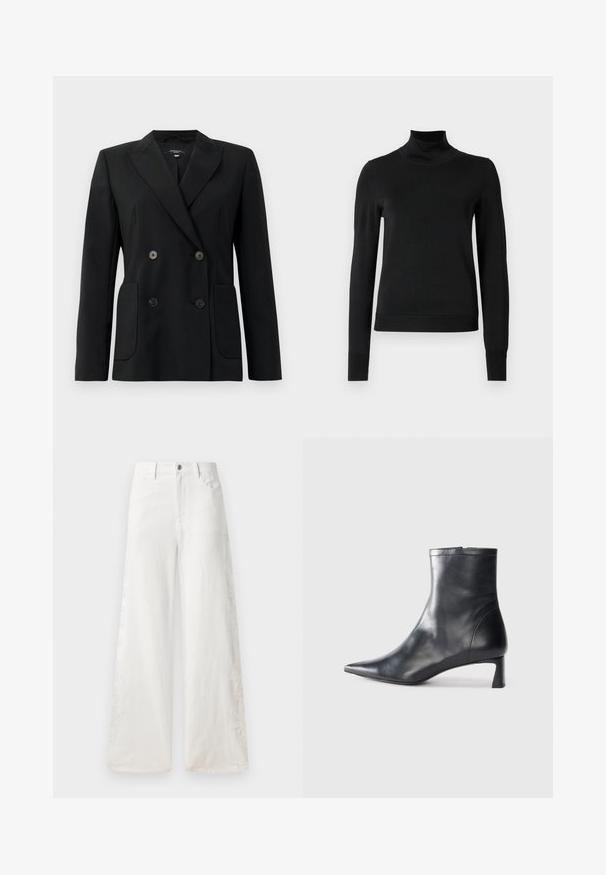 Black double-breasted blazer made of structured fabric, featuring notch lapels, two front pockets, and four black buttons.; Black long-sleeve turtleneck sweater with ribbed cuffs and hem, displayed on a plain white background.; White wide-leg jeans made of denim featuring side embroidery patterns and traditional five-pocket design. Zipper closure with a button.; Black leather ankle boot with a pointed toe and a sleek design. Features a low heel and a zipper closure at the back. Smooth texture.